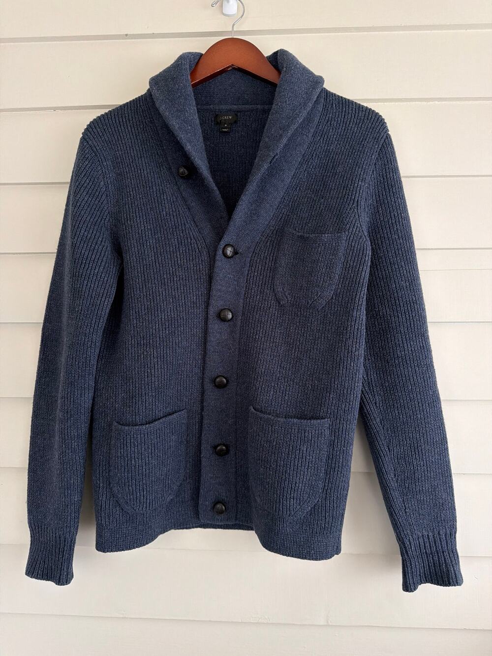 Vintage J. Crew 100% Wool Blue Shawl Collar Cardigan Sweater Dark Academia S